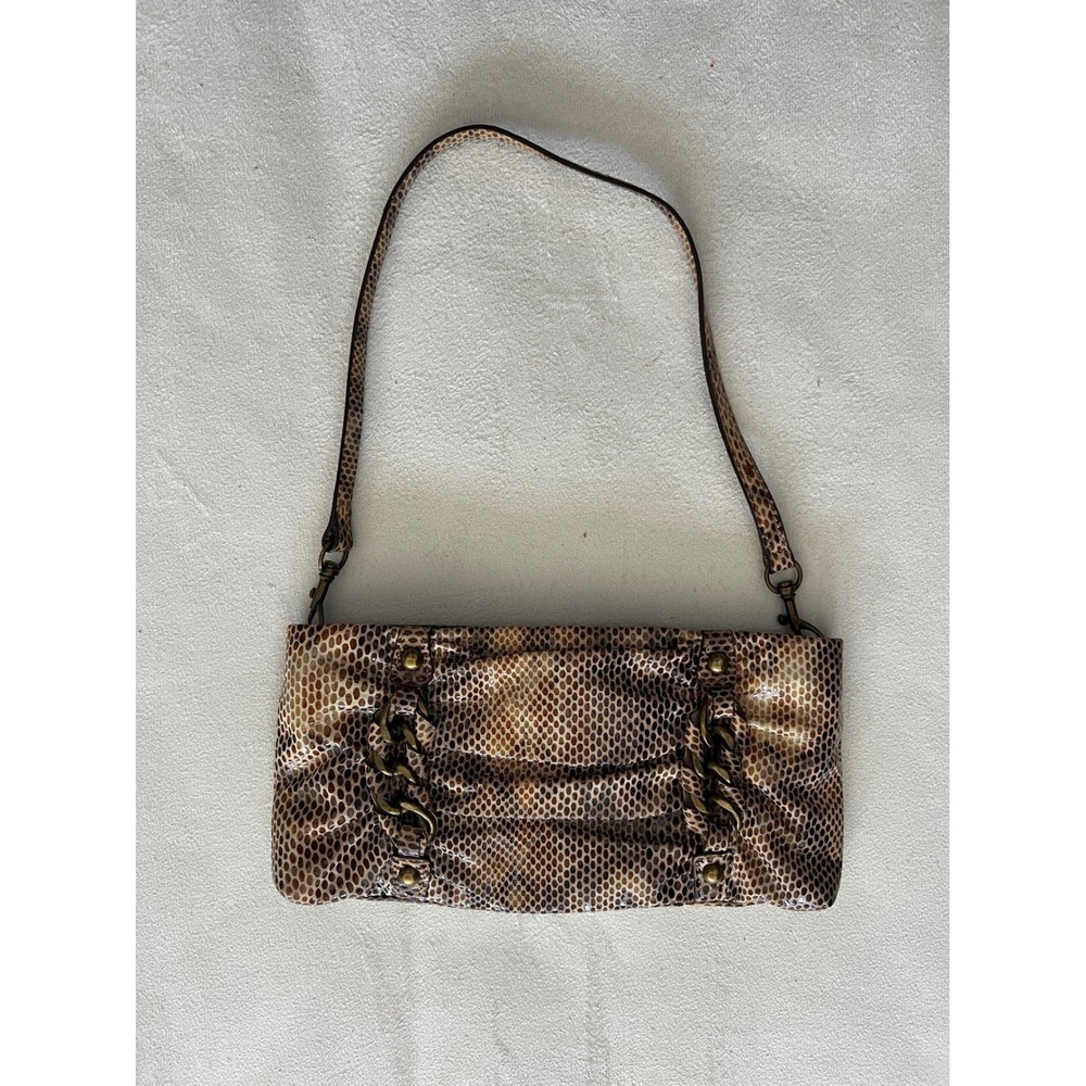 Wilsons Leather Snakeskin Print Baguette Shoulder Bag Brown Tan Brass Chain Link